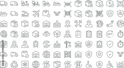 Logistics and Shipping Icon Set with Delivery, Warehouse, Tracking, Packaging, Transportation, and Global Supply Chain Outline Vector Collection for Business and Ecommerce