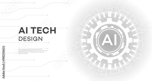 Modern AI Tech Design graphic featuring bold text, abstract connecting lines, and a central circular AI emblem within an intricate gear pattern, symbolizing innovation and data processing.