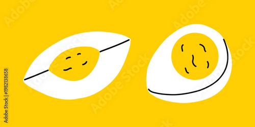 Vector flat illustration of boiled egg halves on yellow background. Slice, rounded piece with simple yolk texture. Eggs for healthy breakfast design, nutrition poster, cafe menu, playful food design.
