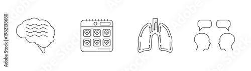 Set of minimalist line art icons brain, calendar with hearts, lungs diagram with arrows, and two heads communicating with speech bubbles.