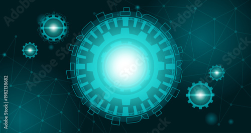 Futuristic digital background with glowing teal mechanical gears and interconnected network lines, representing technology, data, innovation, and digital connectivity.