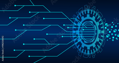 Abstract blue technology background with glowing circuit lines connecting to a central digital gear, dispersing data squares. Ideal for tech, network, and data concepts.