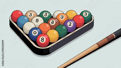 Colorful billiard balls in a rack with a cue stick on a light background ready for a game of pool or snooker