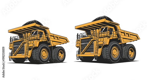 Four black silhouettes of large mining dump trucks on a white background