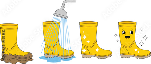 Process of cleaning dirty yellow rubber boots with water shower from muddy to sparkling clean flat vector illustration set