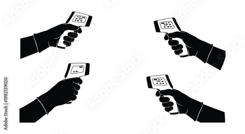 Four hands holding infrared thermometers against a white background