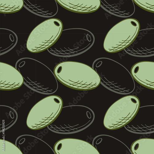 pattern with green olives in a graphic hand-drawn style on a dark background. Vector illustration for kitchen textiles, food packaging, cafe menus, and wallpaper
