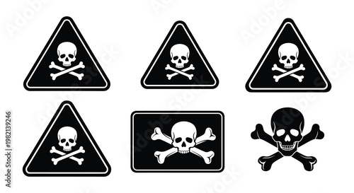 Collection of black and white skull and crossbones warning signs