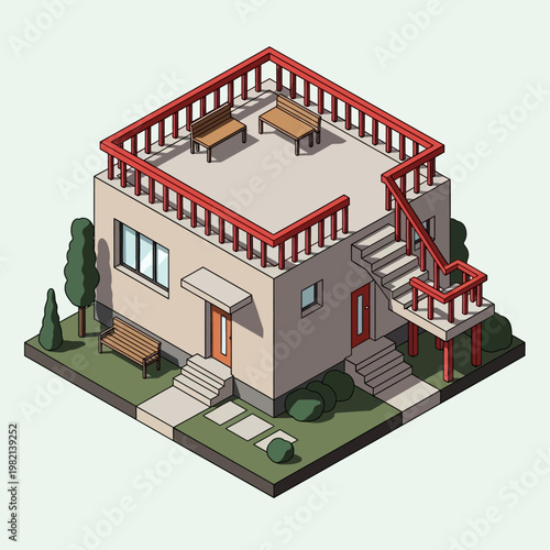 Isometric illustration of modern house exterior.