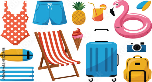 Cartoon summer icon and sticker set with flat hand drawn elements for beach vacation, holiday weekend and seasonal design