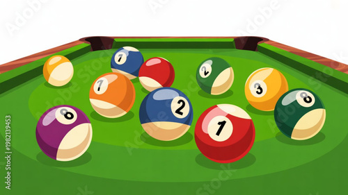 Colorful billiard balls scattered on green pool table surface with numbers