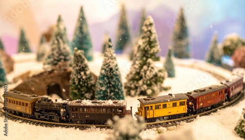 Miniature winter scene with a model train circling snow-covered landscape