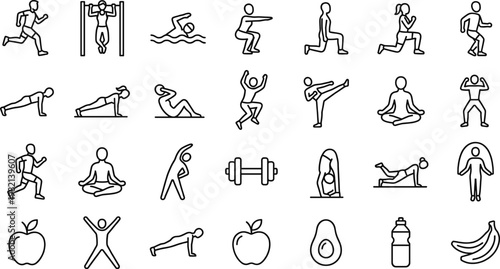 Fitness and Exercise Icon Set with Workout Activities, Gym Training, Yoga Poses, Running, Strength Training, and Healthy Lifestyle Outline Vector Collection