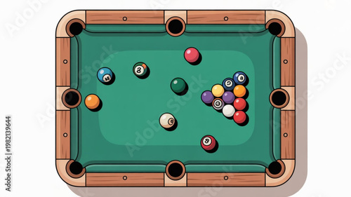 Colorful pool table with scattered billiard balls in various colors and numbers on green felt surface