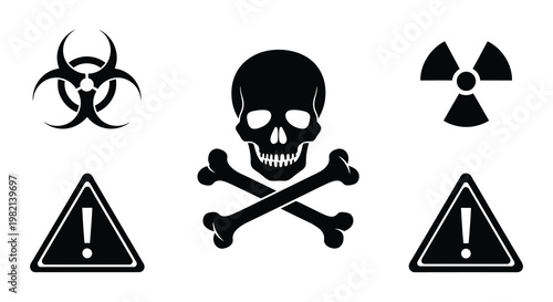 Collection of black and white skull and crossbones warning signs