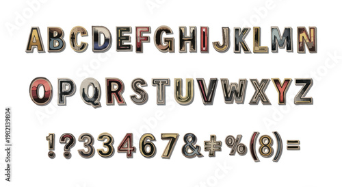 Vintage alphabet letters and numbers in retro paper cutout font style