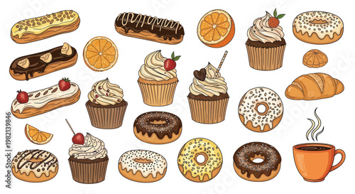 Set of hand drawn sweet pastries cupcakes donuts eclairs and coffee on white background