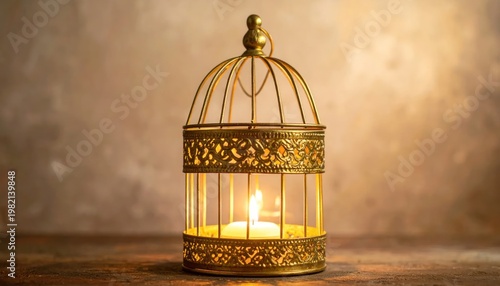 Golden candle lantern with lit candle. Warm, soft light against textured background