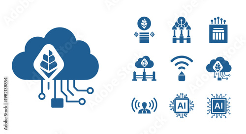 Set of smart agriculture technology and green cloud computing icons.