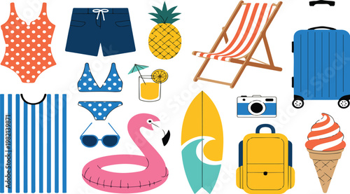 Cartoon summer icon and sticker set with flat hand drawn elements for beach vacation, holiday weekend and seasonal design