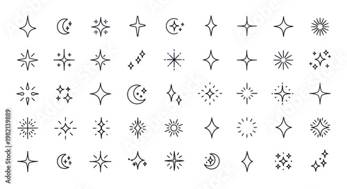 Sparkle, Star, and Moon Outline Vector Icons Set
