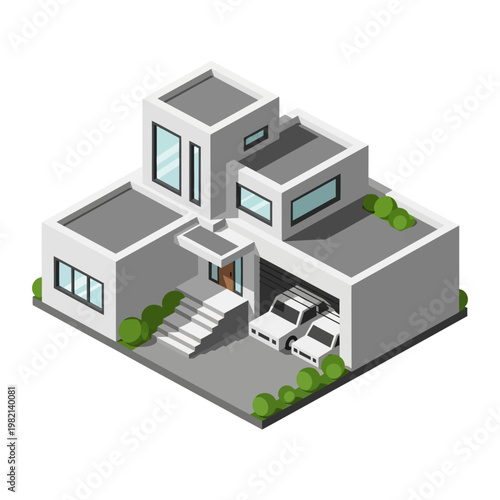 Modern multi-level house with garage.