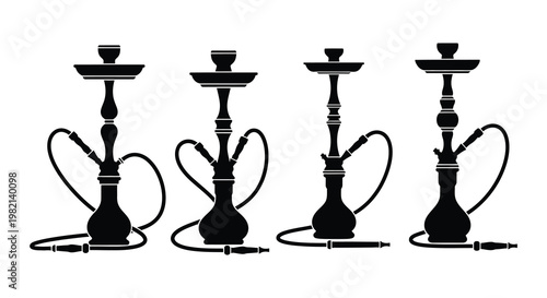 Four decorative hookah silhouettes arranged in a minimalist black and white style