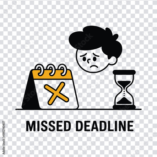 A frustrated cartoon character next to a calendar with a deadline missed and an hourglass on a transparent background