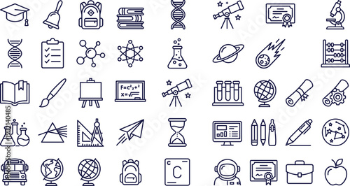 Education and Science Line Icon Set Featuring School, Learning, Chemistry, Astronomy, Mathematics, Research Tools, and Academic Symbols for Educational and Digital Design