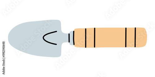 Vector illustration of small gardening trowel with wooden handle. Minimalist flat design, perfect for gardening themes, DIY projects, tool icons. Farming and agriculture clipart.