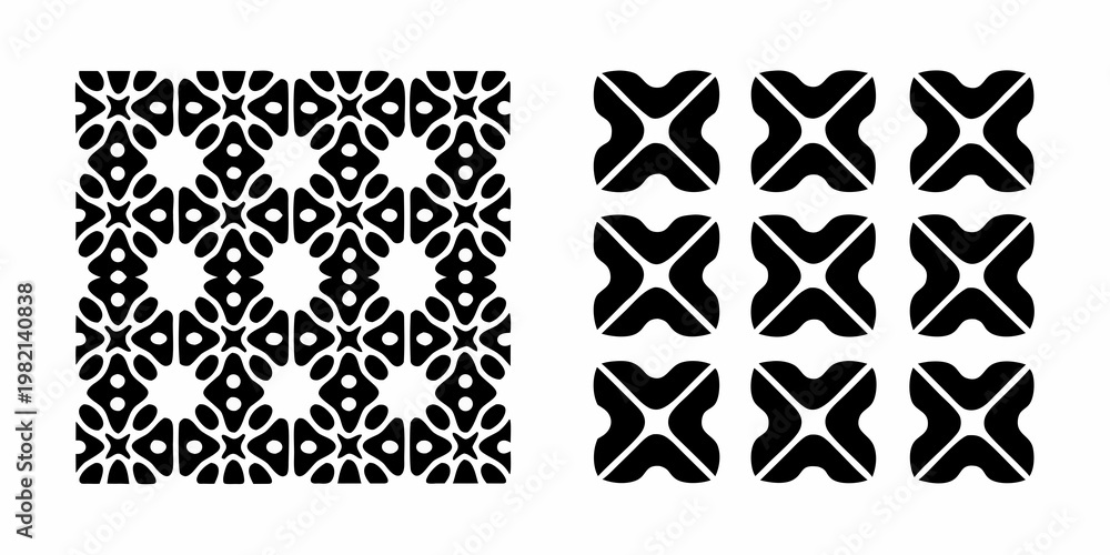Fototapeta premium Geometric black and white pattern featuring repeating floral and cross shapes
