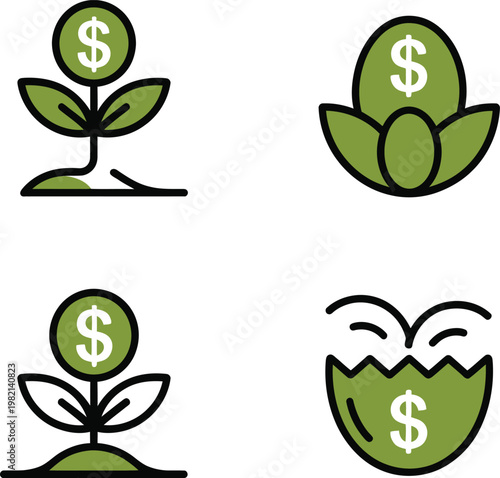 Money plant growth and investment icons with money tree growth chart investment seedling business financial earnings currency moneybag increase