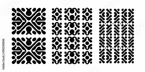 Abstract black and white patterns arranged in a grid formation