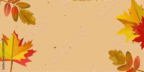 Autumn leaves in shades of red yellow and orange on a tan background