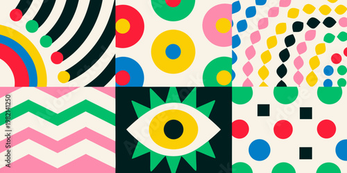 Colorful abstract geometric patterns arranged in a grid formation