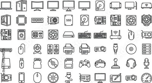 Computer Hardware and Technology Icon Set with Devices, Components, Storage, Networking Equipment, Gaming Accessories, and Digital Electronics Outline Vector Collectionb