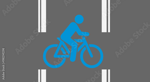 Blue silhouette of a person riding a bicycle on a road with lane markings, active and healthy transportation.