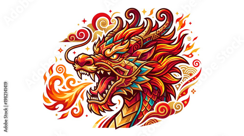 Vibrant Dragon Head with Fire Breath.