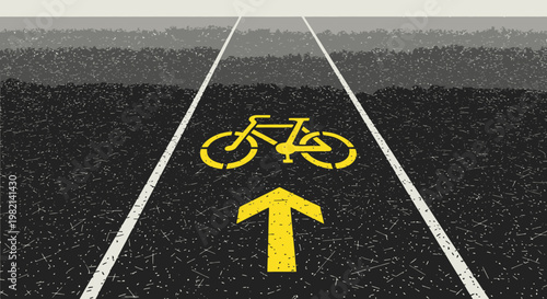 Top View of Asphalt Road with Yellow Bicycle Lane Symbol and Upward Arrow Markings