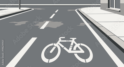 Bicycle Lane on Asphalt Road with White Markings and Bike Symbol in City Environment