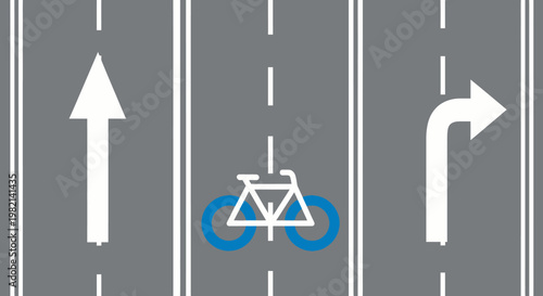 Road with Bicycle Lane Marking, Straight Arrow, and Right Turn Arrow for Cycling and Traffic Direction