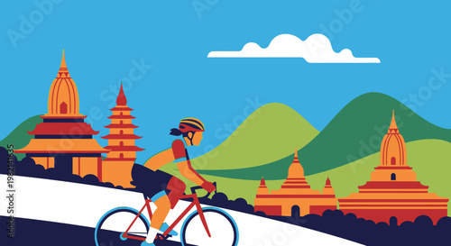 Woman Happily Cycling Through a Scenic Landscape with Ancient Temples and Mountains