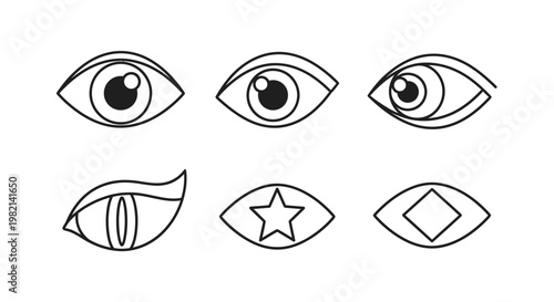Collection of Different Stylized Black and White Human Eyes with Various Shapes on Isolated White Background