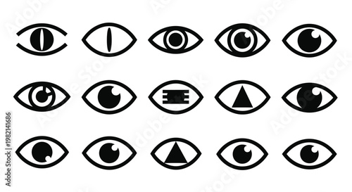 Collection of Various Black Eye Icons and Symbols on Isolated White Background