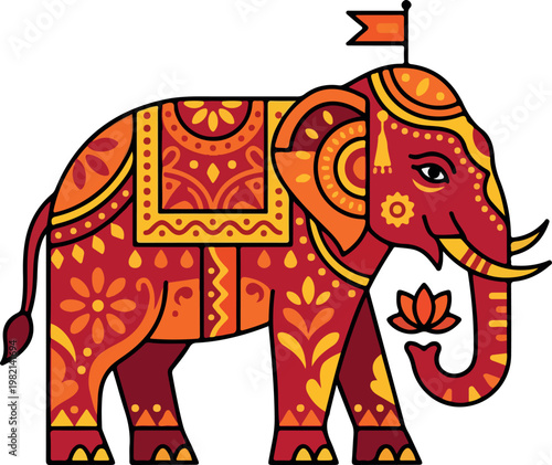 Stylized Indian Elephant with Traditional Ornaments and Lotus Flower