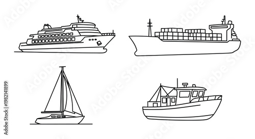Line drawing of various water vessels including ferries and sailboats