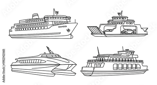 Line drawing of various water vessels including ferries and sailboats