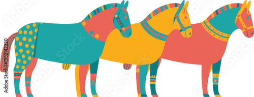 Set of three stylized horses with colorful ethnic patterns and folk art ornaments for traditional and modern decorative design projects vector illustration