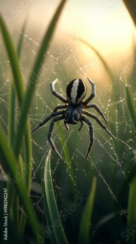 Nature's intricate web spider in dewy grass sunrise scene macro serene environment
