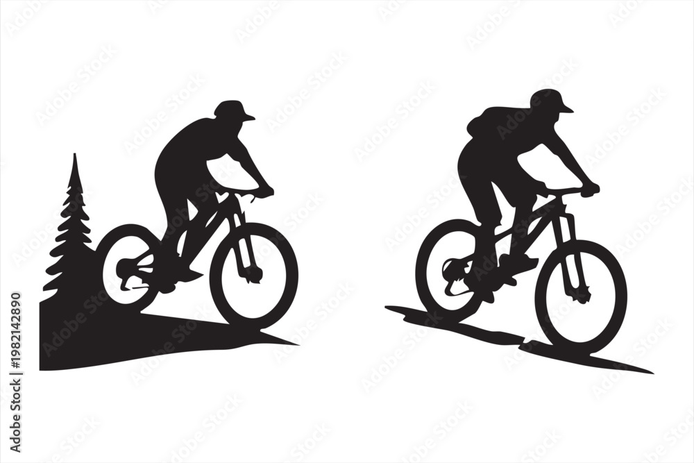 Fototapeta premium Cyclists riding mountain bikes on terrain with trees and slopes